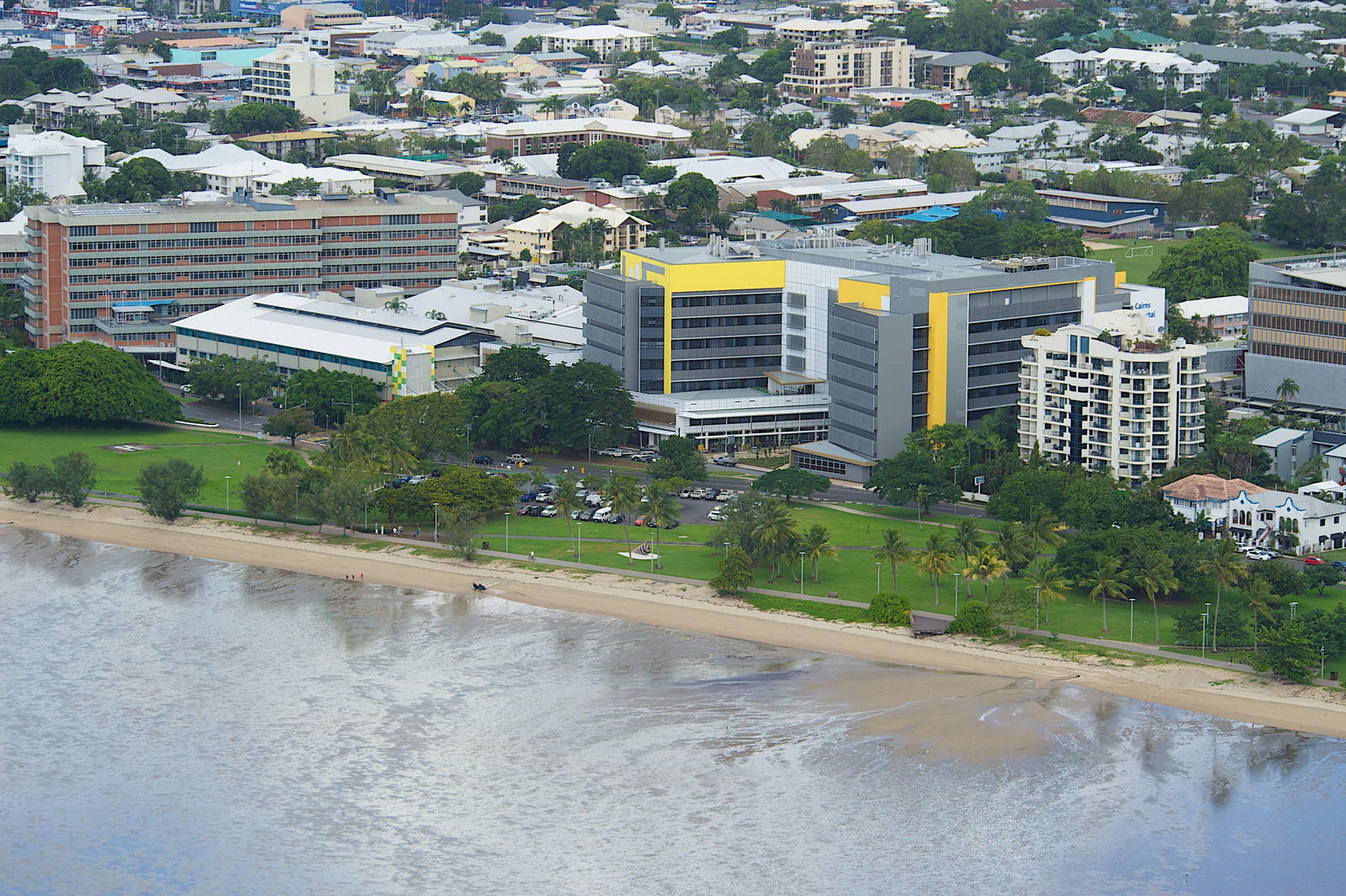 Aerial view of the Cairns Hospital buildings along the Cairns Esplanade