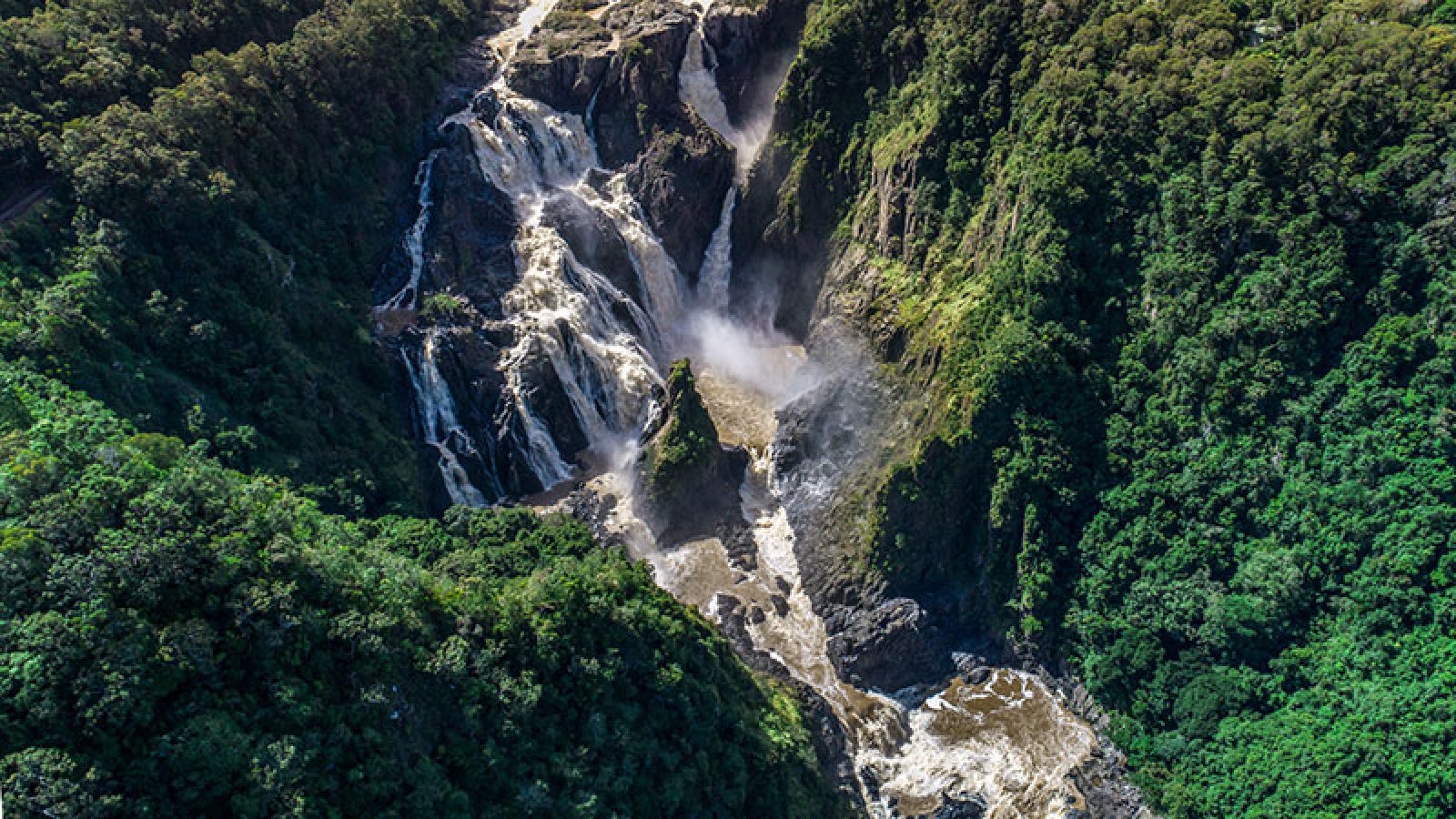Aerial view of Barron Falls with  banner image